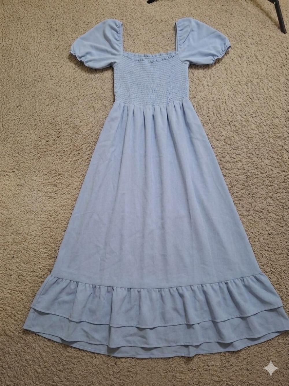 Reformation Blue Smocked Bodice Midi Dress Puff Sleeve Ruffle Hem Side Slit Sz L - Picture 3 of 7